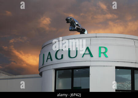 Das Logo des Luxus Auto Hersteller Jaguar sitting on Top of Pentland Jaguar Showroom in Edinburgh mit dem Himmel, beleuchtet von der untergehenden Sonne als Kulisse Stockfoto