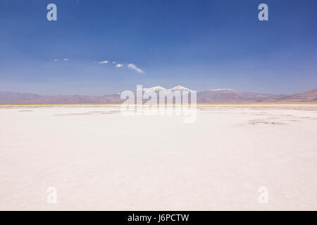 weiße Salinen von Laguna Rossa in der Atacama-Wüste umgeben von hohen Gipfeln Stockfoto