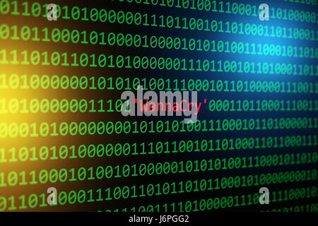 Das WannaCry und Binär-Code, der WannaCrypt und RansomWare, Konzept Sicherheit und Malware angreifen. Stockfoto