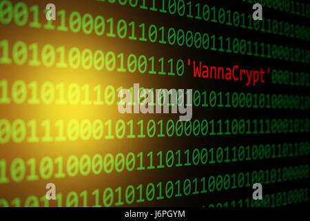 Das WannaCrypt und Binär-Code, der WannaCry und RansomWare, Konzept Sicherheit und Malware angreifen. Stockfoto