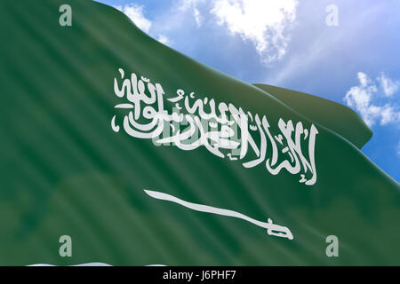 3D rendering von Saudi Arabien Fahnenschwingen auf blauen Himmelshintergrund, Saudi National Day in Saudi Arabien am jeden 23. September feiert man Stockfoto