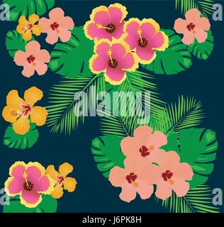 Vektor-Illustration der nahtlosen tropischen Hintergrund mit Hibiskusblüten, Palmenblättern Stock Vektor