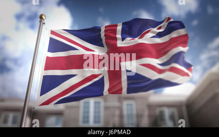 Großbritannien Flagge 3D-Rendering auf Blue-Sky-Gebäude-Hintergrund Stockfoto