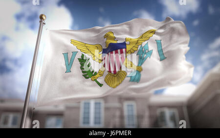 United States Virgin Islands Flagge 3D Rendering auf Blue-Sky-Gebäude-Hintergrund Stockfoto