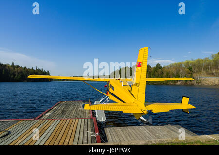 Eine gelbe Wasserflugzeug angedockt an einer hölzernen Steg in einem kleinen Hafen an einem sonnigen Tag, Algonquin Provincial Park, Ontario, Kanada Stockfoto