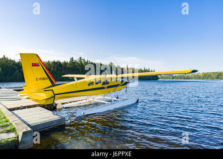 Eine gelbe Wasserflugzeug angedockt an einer hölzernen Steg in einem kleinen Hafen an einem sonnigen Tag, Algonquin Provincial Park, Ontario, Kanada Stockfoto