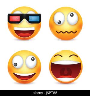 Smiley mit 3D-Brille, lächelndes Emoticon. Gelbes Gesicht mit Emotionen. Gesichtsausdruck. 3D realistisch Emoji. Lustige Comic-Figur. Stimmung. Web-Symbol. Vektor-Illustration. Stock Vektor
