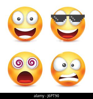 Smiley mit Pixel-Brille, lächelndes Emoticon. Gelbes Gesicht mit Emotionen. Gesichtsausdruck. 3D realistisch Emoji. Lustige Comic-Figur. Stimmung. Web-Symbol. Vektor-Illustration. Stock Vektor