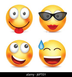 Smiley, Emoticon lächelnd. Gelbes Gesicht mit Emotionen. Gesichtsausdruck. 3D realistisch Emoji. Lustige Comic-Figur. Stimmung. Web-Symbol. Vektor-Illustration. Stock Vektor