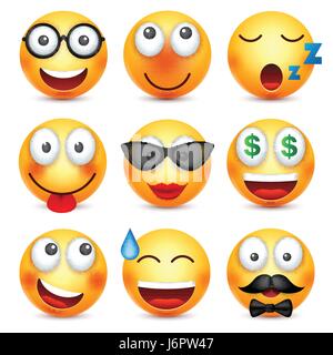 Smiley mit 3D-Brille, lächelndes Emoticon gesetzt. Gelbes Gesicht mit Emotionen. Gesichtsausdruck. 3D realistisch Emoji. Lustige Comic-Figur. Stimmung. Web-Symbol. Vektor-Illustration. Stock Vektor