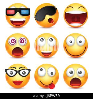 Smiley mit 3D-Brille, lächelndes Emoticon gesetzt. Gelbes Gesicht mit Emotionen. Gesichtsausdruck. 3D realistisch Emoji. Lustige Comic-Figur. Stimmung. Web-Symbol. Vektor-Illustration. Stock Vektor