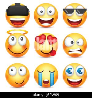 Smiley mit 3D-Brille, lächelndes Emoticon gesetzt. Gelbes Gesicht mit Emotionen. Gesichtsausdruck. 3D realistisch Emoji. Lustige Comic-Figur. Stimmung. Web-Symbol. Vektor-Illustration. Stock Vektor