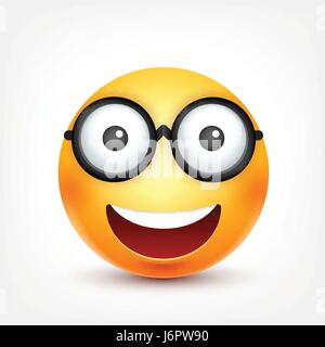Smiley mit Brille, lächelndes Emoticon. Gelbes Gesicht mit Emotionen. Gesichtsausdruck. 3D realistisch Emoji. Lustige Comic-Figur. Stimmung. Web-Symbol. Vektor-Illustration. Stock Vektor