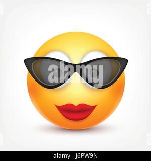 Smiley mit Brille, lächelndes Emoticon. Gelbes Gesicht mit Emotionen. Gesichtsausdruck. 3D realistisch Emoji. Lustige Comic-Figur. Stimmung. Web-Symbol. Vektor-Illustration. Stock Vektor
