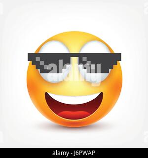 Smiley mit Brille, lächelndes Emoticon. Gelbes Gesicht mit Emotionen. Gesichtsausdruck. 3D realistisch Emoji. Lustige Comic-Figur. Stimmung. Web-Symbol. Vektor-Illustration. Stock Vektor