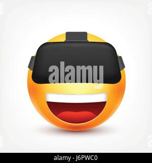 Smiley mit VR-Brille, lächelndes Emoticon. Gelbes Gesicht mit Emotionen. Gesichtsausdruck. 3D realistisch Emoji. Lustige Comic-Figur. Stimmung. Web-Symbol. Vektor-Illustration. Stock Vektor