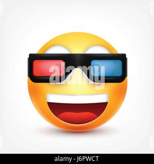 Smiley mit 3D-Brille, lächelndes Emoticon. Gelbes Gesicht mit Emotionen. Gesichtsausdruck. 3D realistisch Emoji. Lustige Comic-Figur. Stimmung. Web-Symbol. Vektor-Illustration. Stock Vektor