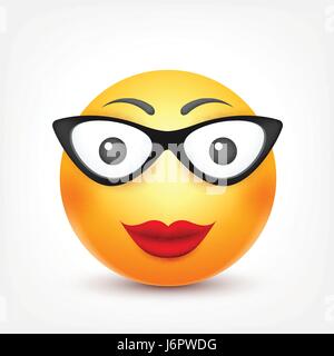 Smiley mit Brille, lächelndes Emoticon. Gelbes Gesicht mit Emotionen. Gesichtsausdruck. 3D realistisch Emoji. Lustige Comic-Figur. Stimmung. Web-Symbol. Vektor-Illustration. Stock Vektor