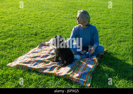 Eine Frau mittleren Alters auf ein Picknick mit ihrem kleinen schwarzen Hund Stockfoto