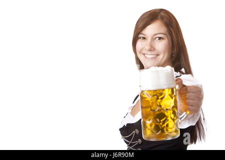 Frau im Dirndl hält Oktoberfest Bierkrug Stockfoto