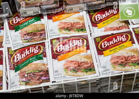 Stapel von Buddig Marke verpackt in Scheiben geschnitten sandwich Fleisch im Kühlschrank Regalen der ein Lebensmittelgeschäft Stockfoto