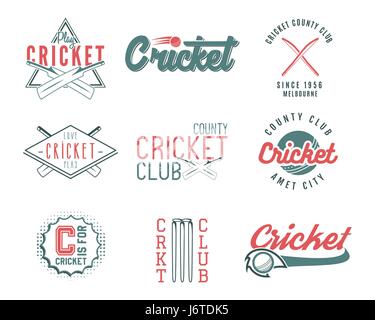 Satz von Retro-Cricket-Sport-Vorlage-Logo-Designs. Verwenden Sie als Symbole, Abzeichen, Aufkleber, Embleme oder Print. Vektor-Illustration-Sport-Meisterschaft. Isoliert auf weißem Hintergrund Stock Vektor