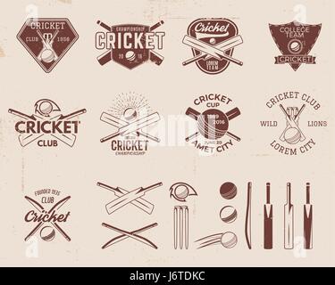 Satz von Retro-Cricket-Sport-Vorlage-Logo-Designs. Verwenden Sie als Symbole, Abzeichen, Aufkleber, Embleme oder Print. Vektor-Illustration-Sport-Meisterschaft. Auf zerkratzten Hintergrund isoliert. Stock illustration Stock Vektor