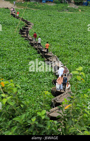 Boote am Fluss Buriganga eine provisorische Brücke als Wasserhyazinthen behindern Bewegung der Boote auf dem Fluss bilden zusammen gebunden. Dhaka, Bangladesch Stockfoto