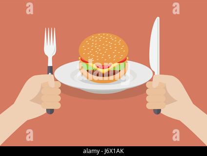 Messer und Gabel Besteck bei Burger in Händen. Vektor-illustration Stock Vektor