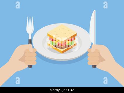 Messer und Gabel Besteck bei Sandwich in Händen. Vektor-illustration Stock Vektor