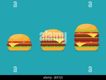 Drei Hamburger festgelegt. Vom einfachen Hamburger, Doppel- und Dreibettzimmer Cheeseburger mit Tomate Stock Vektor