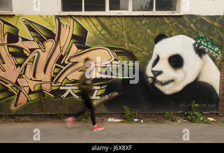 Panda Wand Wandbild in einer Seitenstraße oder Gasse in Cardiff, Wales. Stockfoto