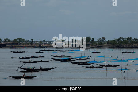 Fischer fangen junge Garnelen auf dem Kholpetua-Fluss in den Sundarbans. Satkhira, Bangladesch. Stockfoto