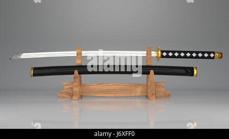 3D alten Samurai-Schwert mit einem Mantel auf das Schwert display Rack. stammt von den Samurai in Japan. Stockfoto