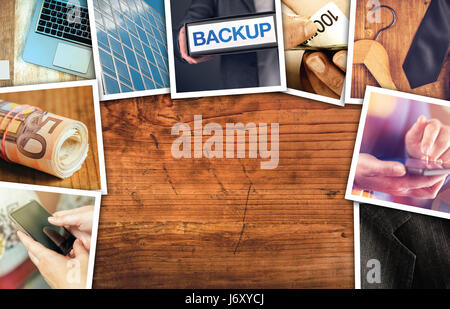 Business &amp; Entrepreneurship Fotocollage über hölzerne Office Schreibtisch-Hintergrund Stockfoto