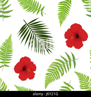 Roter Hibiskus und Palm Blätter nahtlose Muster. Vektor-Illustration. Stockfoto