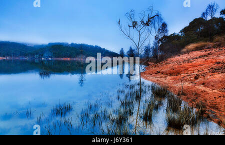 Kalte blaue nebligen Sonnenaufgang über dem See Lyell in Blue Mountains Gebiet von New South Wales, Australien. Lehm-Boden-Ufer und Unterwasserpflanzen, umgeben von Hügeln, Kijiji re Stockfoto