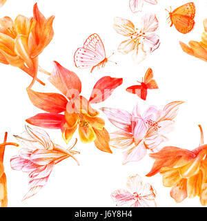 Nahtlose Muster mit Fuchsia Blumen und Schmetterlinge, golden Stockfoto
