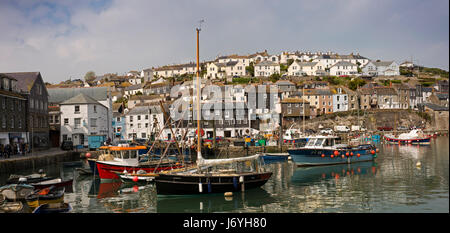 Großbritannien, Cornwall, Mevagissey, Angelboote/Fischerboote vertäut im Hafen von West Wharf, Panorama Stockfoto