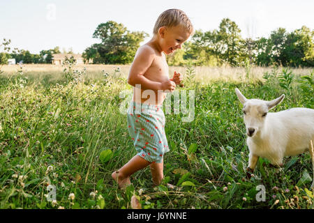 Junge stand in einem Feld mit einer Ziege Stockfoto