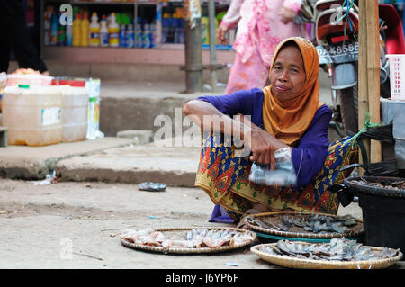 MARTAPURA, BORNEO, Indonesien - 20. Juli 2011: Foto von traditionellen exotischen Stammes-Markt (Pasar) in Indonesien auf der Insel Kalimantan Frau verkaufen Stockfoto