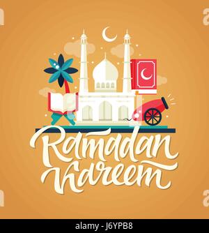 Ramadan Kareem - Postkarte Vorlage mit Moschee, slamic Kultur-Ikonen Stock Vektor