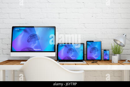templatebasierter Desktop mit ansprechende Website auf Bildschirmen. 3D-Rendering. Stockfoto