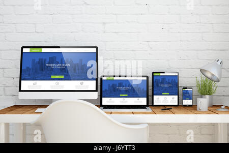 templatebasierter Desktop mit modernen Web- und blauen ansprechende Website auf Bildschirmen. 3D-Rendering. Stockfoto