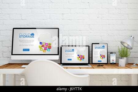 templatebasierter Desktop mit Cloud-Speicher auf Bildschirmen. 3D-Rendering. Stockfoto