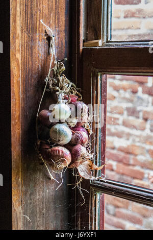 Zwiebeln hängen neben ein Fenster an der Old Sturbridge Village Stockfoto