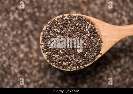 Nahaufnahme der Ealthy Chia-Samen in einem Löffel. Text-Raum. Stockfoto