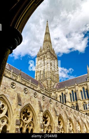 Ein Blick auf die Kathedrale von Salisbury Spire aus den Kreuzgängen, Wiltshire, Vereinigtes Königreich. Stockfoto