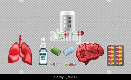 Digitale Vektor rote Medizin Lungen Struktur und Gehirn Infografiken der Atemwege Gesundheitswesen Mockup und Pillen Container mit Ihrer Marke, anzeigen oder magaz Stock Vektor