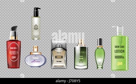 Digital vector rote grüne und braune Glas Parfüm für Männer und Frauen Container Mockup, mit Ihrer Marke, bereit für print-anzeigen oder Magazin-Design. Deutlich Stock Vektor